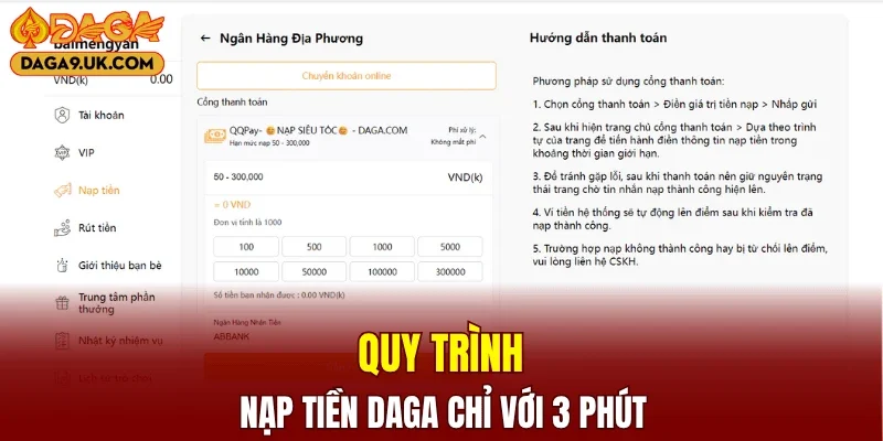Quy trình nạp tiền DAGA chỉ với 3 phút